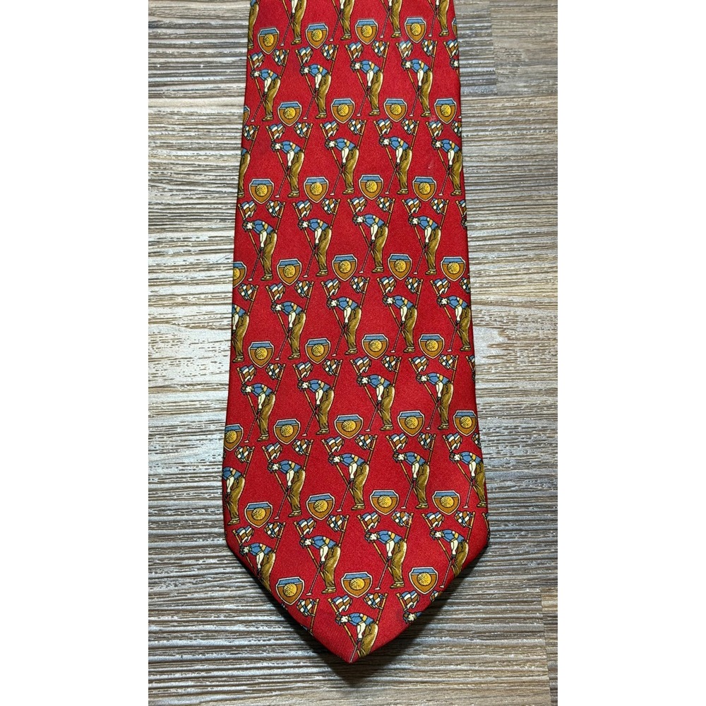 Salvatore Ferragamo Mens Silk Tie Red Golfer Novelty AOP Made in Italy 3.75 Wide